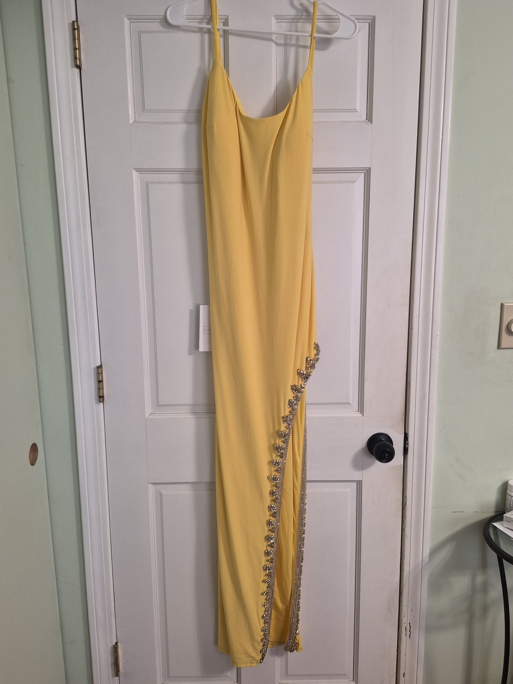 Mac Duggal Yellow Maxi Slip Dress with Side Embellishment